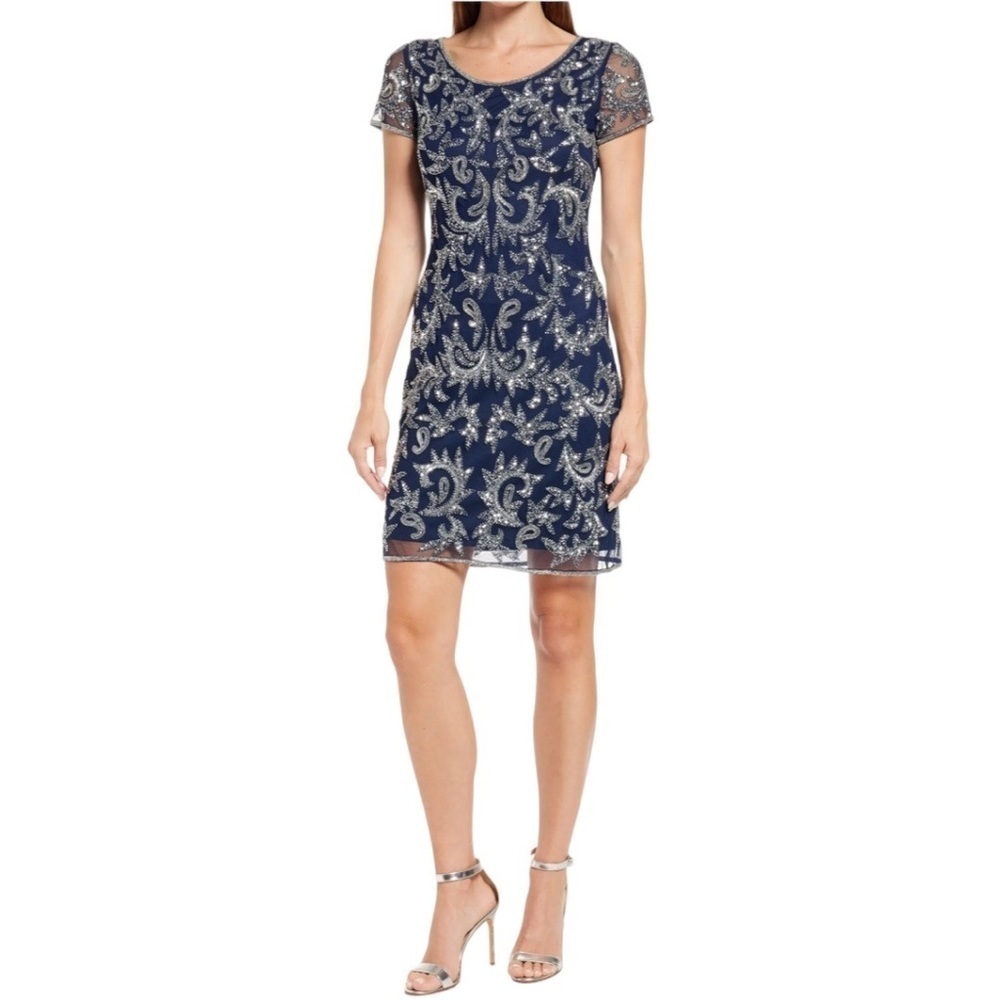 PISARRO NIGHTS Beaded Mesh Cocktail Dress